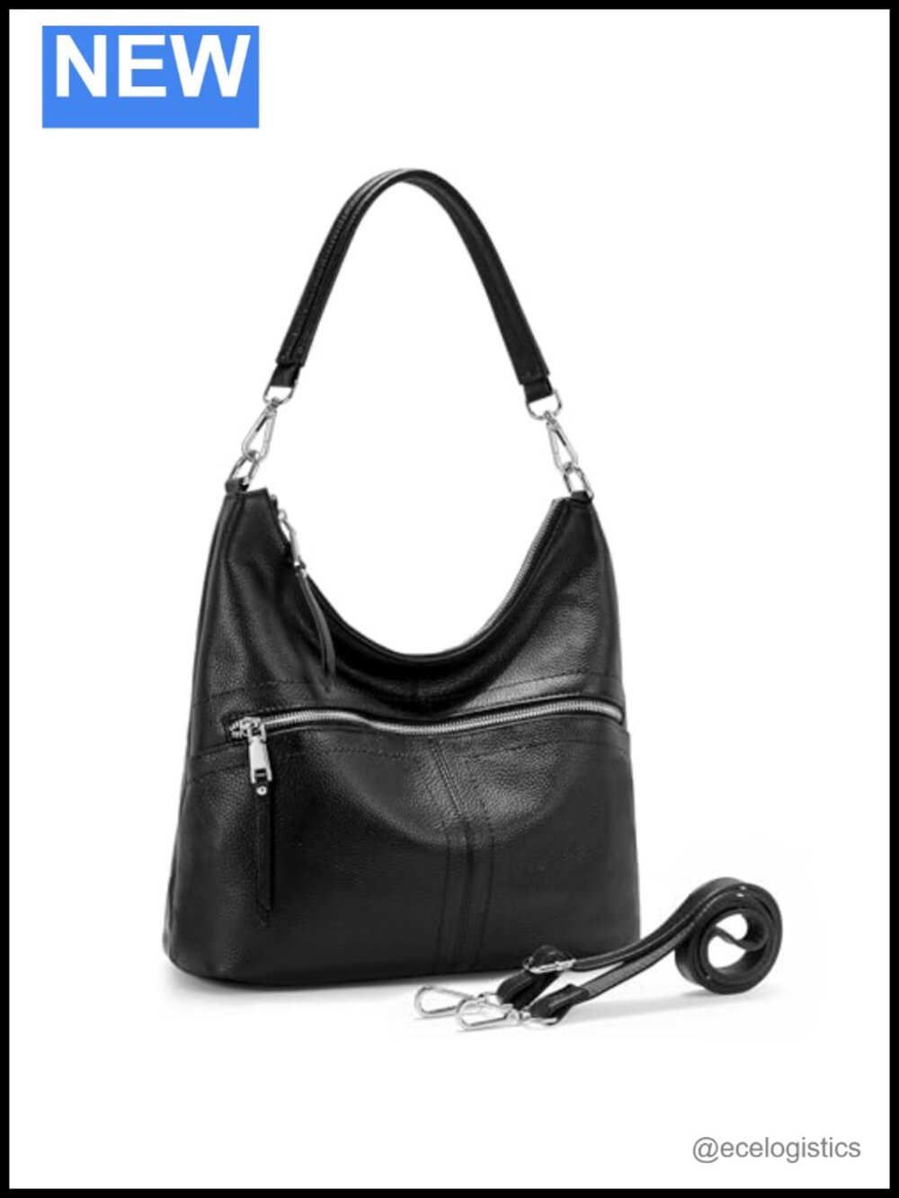 Genuine Leather Pebbled Hobo Handbag Shoulder Crossbody Bag Silver Hardware